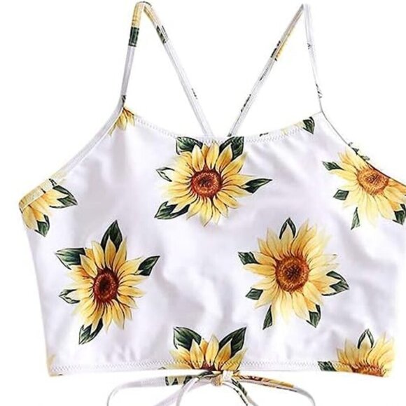 ZAFUL SUNFLOWER LACE UP BACK TANK & HIGH WAIST RUCHED BIKINI SET SIZE SMALL NWT - Picture 2 of 8